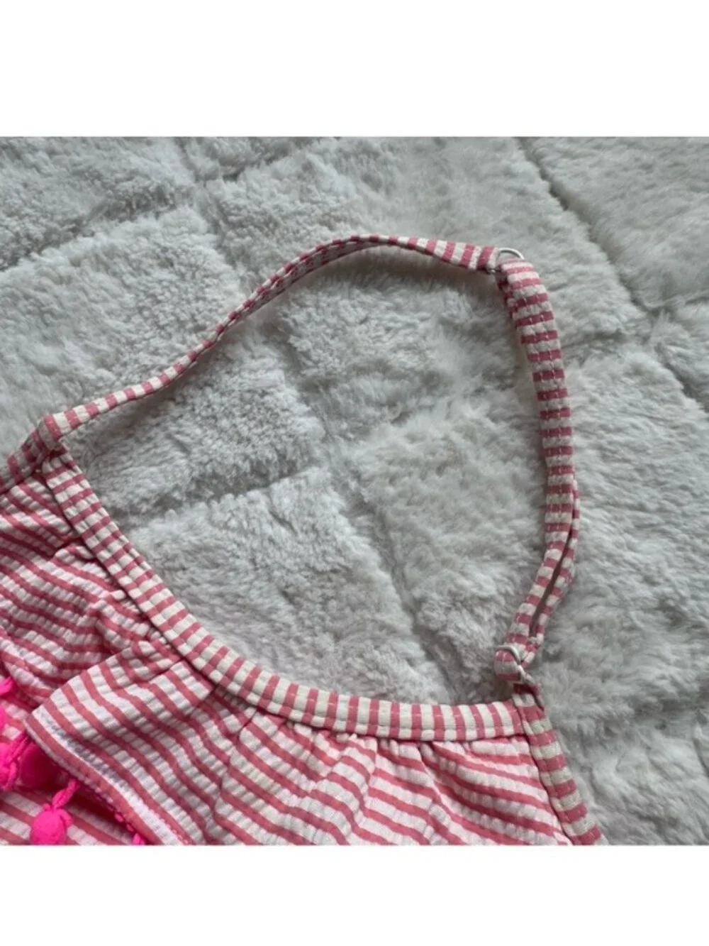 Betsey Johnson | Pink And Cream Seersucker Pompom Trimmed Bikini Set | Size 12